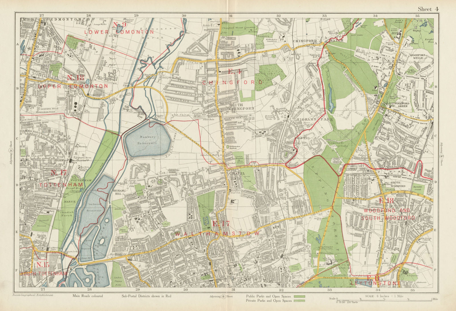 NE LONDON Chingford Walthamstow Edmonton Tottenham Woodford. BACON 1934 map
